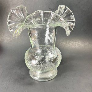 Vtg Kanawha Co Vase Clear Glass Ruffled Top Grapes Leaves Design Collectible